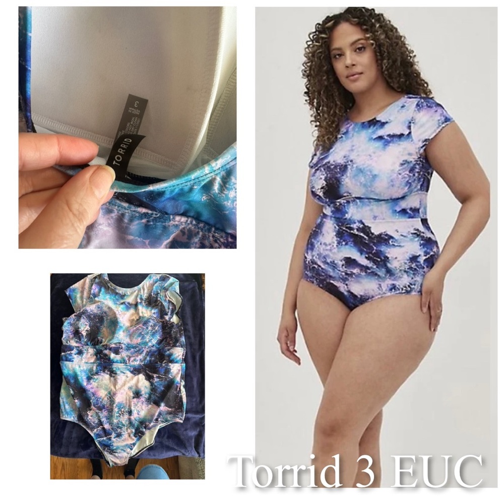 Torrid Blue and Purple One Piece Swimsuit with Cap Sleeves